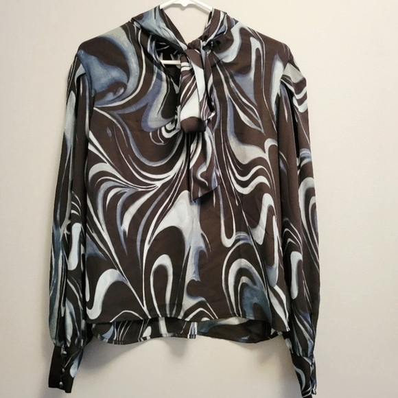 NWT Worthington Swirl Tie-Up Blouse Medium Blue Teal Black Bow Back - Picture 3 of 8